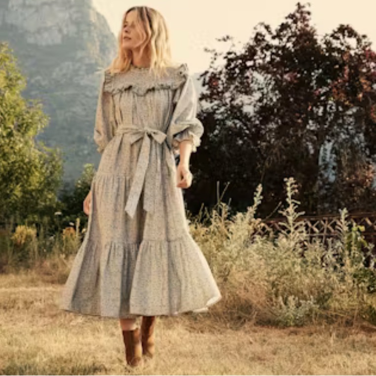 Doen Cream Micro-Print Tiered Maxi Dress
